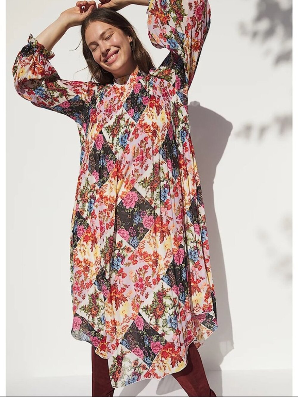 Anthropologie Shara Pinch Pleat Multicolor Floral Patchwork Print Midi Dress XS